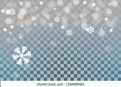 Isolated snowflakes on transparent grey background. Winter sales, Christmas and New Year design for party invitation, banner, sale. Horizontal winter window. Magic isolated snowflakes.