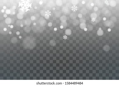 Isolated snowflakes on transparent grey background. Winter sales, Christmas and New Year design for party invitation, banner, sale. Horizontal winter window. Magic isolated snowflakes.