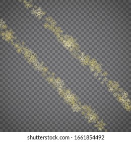Isolated snowflakes on transparent grey background. Gold glitter snow. Winter sales, Christmas and New Year design for party invitation, banner, sale. Winter window. Magic crystal isolated snowflakes.