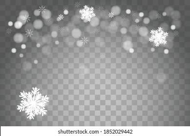 Isolated snowflakes on transparent grey background. Winter sales, Christmas and New Year design for party invitation, banner, sale. Horizontal winter window. Magic isolated snowflakes.