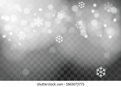 Isolated snowflakes on transparent grey background. Winter sales, Christmas and New Year design for party invitation, banner, sale. Horizontal winter window. Magic isolated snowflakes.