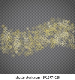 Isolated snowflakes on transparent grey background. Gold glitter snow. Winter sales, Christmas and New Year design for party invitation, banner, sale. Winter window. Magic crystal isolated snowflakes.