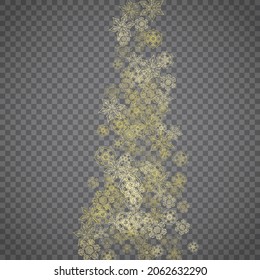 Einzige Schneeflocken auf transparentem grauem Hintergrund. Goldener Schnee glänzt. Winterverkäufe, Weihnachts- und Neujahrsdesign für Partyeinladung, Banner, Verkauf. Winterfenster. Zauberkristalline Schneeflocken einzeln.