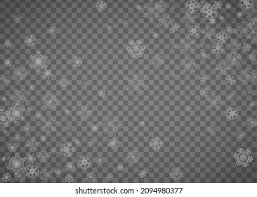 Copos de nieve aislados sobre fondo gris transparente. Nieve brillante de plata. Diseño horizontal de Navidad y Año Nuevo para invitación de fiesta, banner, venta. Ventana de invierno. Copos de nieve aislados de cristal mágico