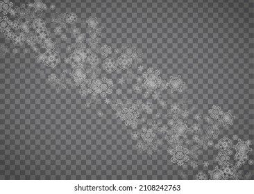 Isolated snowflakes on transparent grey background. Silver glitter snow. Horizontal Christmas and New Year design for party invitation, banner, sale. Winter window. Magic crystal isolated snowflakes