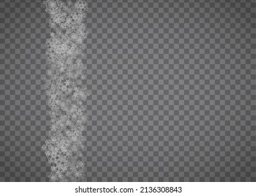 Copos de nieve aislados sobre fondo gris transparente. Nieve brillante de plata. Diseño horizontal de Navidad y Año Nuevo para invitación de fiesta, banner, venta. Ventana de invierno. Copos de nieve aislados de cristal mágico