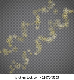 Isolated snowflakes on transparent grey background. Gold glitter snow. Winter sales, Christmas and New Year design for party invitation, banner, sale. Winter window. Magic crystal isolated snowflakes.
