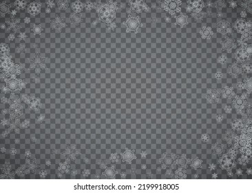 Copos de nieve aislados sobre fondo gris transparente. Nieve brillante de plata. Diseño horizontal de Navidad y Año Nuevo para invitación de fiesta, banner, venta. Ventana de invierno. Copos de nieve aislados de cristal mágico