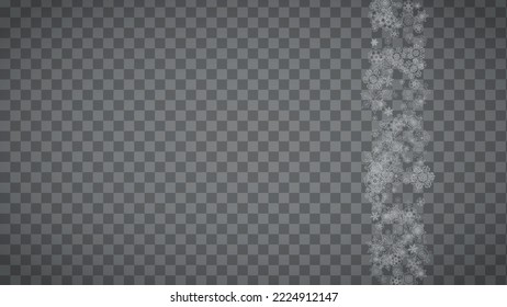 Isolated snowflakes on transparent grey background. Silver glitter snow. Horizontal Christmas and New Year design for party invitation, banner, sale. Winter window. Magic crystal isolated snowflakes