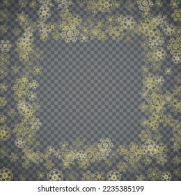 Isolated snowflakes on transparent grey background. Gold glitter snow. Winter sales, Christmas and New Year design for party invitation, banner, sale. Winter window. Magic crystal isolated snowflakes.