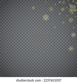 Einzige Schneeflocken auf transparentem grauem Hintergrund. Goldener Schnee glänzt. Winterverkäufe, Weihnachts- und Neujahrsdesign für Partyeinladung, Banner, Verkauf. Winterfenster. Zauberkristalline Schneeflocken einzeln.
