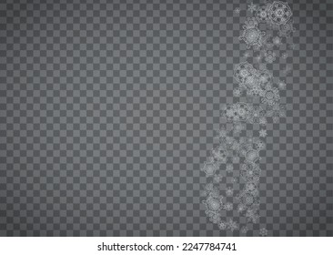 Einzige Schneeflocken auf transparentem grauem Hintergrund. Silber glänzt Schnee. Horizontales Weihnachts- und Neujahrsdesign für Partyeinladung, Banner, Verkauf. Winterfenster. Zauberkristall-einzelne Schneeflocken