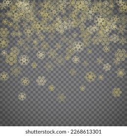 Isolated snowflakes on transparent grey background. Gold glitter snow. Winter sales, Christmas and New Year design for party invitation, banner, sale. Winter window. Magic crystal isolated snowflakes.