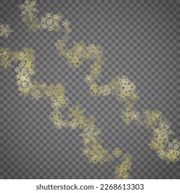 Einzige Schneeflocken auf transparentem grauem Hintergrund. Goldener Schnee glänzt. Winterverkäufe, Weihnachts- und Neujahrsdesign für Partyeinladung, Banner, Verkauf. Winterfenster. Zauberkristalline Schneeflocken einzeln.