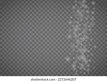 Isolated snowflakes on transparent grey background. Silver glitter snow. Horizontal Christmas and New Year design for party invitation, banner, sale. Winter window. Magic crystal isolated snowflakes