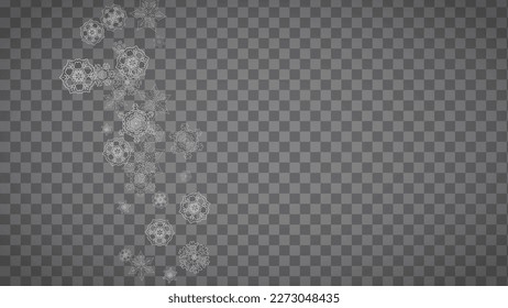 Isolated snowflakes on transparent grey background. Silver glitter snow. Horizontal Christmas and New Year design for party invitation, banner, sale. Winter window. Magic crystal isolated snowflakes