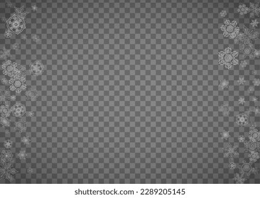 Isolated snowflakes on transparent grey background. Silver glitter snow. Horizontal Christmas and New Year design for party invitation, banner, sale. Winter window. Magic crystal isolated snowflakes