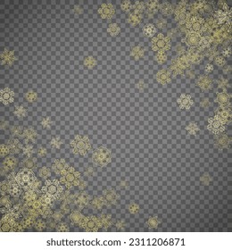 Isolated snowflakes on transparent grey background. Gold glitter snow. Winter sales, Christmas and New Year design for party invitation, banner, sale. Winter window. Magic crystal isolated snowflakes.