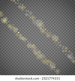 Copos de nieve aislados sobre fondo gris transparente. Nieve lustre dorada. Venta de invierno, Navidad y diseño de Año Nuevo para invitación de fiesta, banner, venta. Ventana de invierno. Los copos de nieve aislados de cristal mágico.