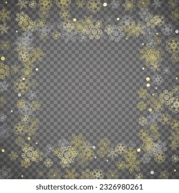 Copos de nieve aislados sobre fondo gris transparente. Nieve lustre dorada. Venta de invierno, Navidad y diseño de Año Nuevo para invitación de fiesta, banner, venta. Ventana de invierno. Los copos de nieve aislados de cristal mágico.