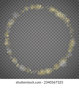 Einzige Schneeflocken auf transparentem grauem Hintergrund. Goldener Schnee glänzt. Winterverkäufe, Weihnachts- und Neujahrsdesign für Partyeinladung, Banner, Verkauf. Winterfenster. Zauberkristalline Schneeflocken einzeln.