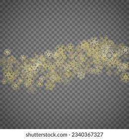 Isolated snowflakes on transparent grey background. Gold glitter snow. Winter sales, Christmas and New Year design for party invitation, banner, sale. Winter window. Magic crystal isolated snowflakes.