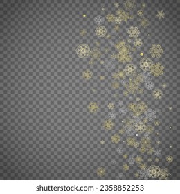 Copos de nieve aislados sobre fondo gris transparente. Nieve lustre dorada. Venta de invierno, Navidad y diseño de Año Nuevo para invitación de fiesta, banner, venta. Ventana de invierno. Los copos de nieve aislados de cristal mágico.