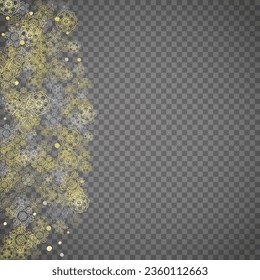 Isolated snowflakes on transparent grey background. Gold glitter snow. Winter sales, Christmas and New Year design for party invitation, banner, sale. Winter window. Magic crystal isolated snowflakes.