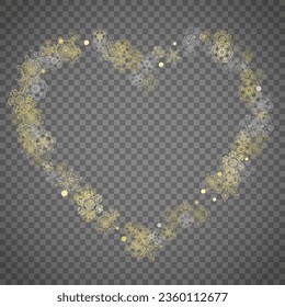 Isolated snowflakes on transparent grey background. Gold glitter snow. Winter sales, Christmas and New Year design for party invitation, banner, sale. Winter window. Magic crystal isolated snowflakes.