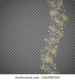 Isolated snowflakes on transparent grey background. Gold glitter snow. Winter sales, Christmas and New Year design for party invitation, banner, sale. Winter window. Magic crystal isolated snowflakes.
