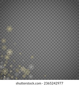 Einzige Schneeflocken auf transparentem grauem Hintergrund. Goldener Schnee glänzt. Winterverkäufe, Weihnachts- und Neujahrsdesign für Partyeinladung, Banner, Verkauf. Winterfenster. Zauberkristalline Schneeflocken einzeln.