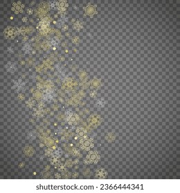 Einzige Schneeflocken auf transparentem grauem Hintergrund. Goldener Schnee glänzt. Winterverkäufe, Weihnachts- und Neujahrsdesign für Partyeinladung, Banner, Verkauf. Winterfenster. Zauberkristalline Schneeflocken einzeln.