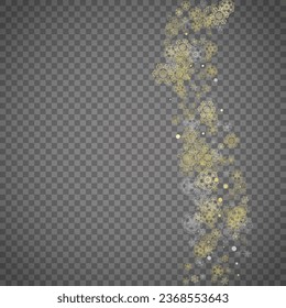 Isolated snowflakes on transparent grey background. Gold glitter snow. Winter sales, Christmas and New Year design for party invitation, banner, sale. Winter window. Magic crystal isolated snowflakes.