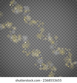 Einzige Schneeflocken auf transparentem grauem Hintergrund. Goldener Schnee glänzt. Winterverkäufe, Weihnachts- und Neujahrsdesign für Partyeinladung, Banner, Verkauf. Winterfenster. Zauberkristalline Schneeflocken einzeln.