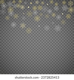 Isolated snowflakes on transparent grey background. Gold glitter snow. Winter sales, Christmas and New Year design for party invitation, banner, sale. Winter window. Magic crystal isolated snowflakes.