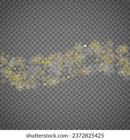 Isolated snowflakes on transparent grey background. Gold glitter snow. Winter sales, Christmas and New Year design for party invitation, banner, sale. Winter window. Magic crystal isolated snowflakes.