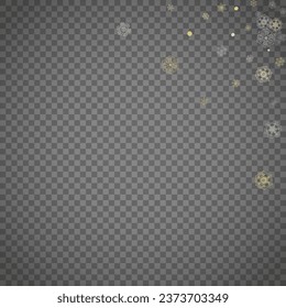 Isolated snowflakes on transparent grey background. Gold glitter snow. Winter sales, Christmas and New Year design for party invitation, banner, sale. Winter window. Magic crystal isolated snowflakes.