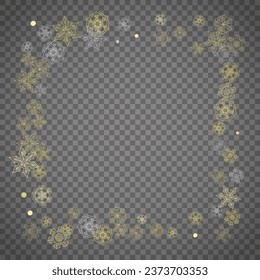 Isolated snowflakes on transparent grey background. Gold glitter snow. Winter sales, Christmas and New Year design for party invitation, banner, sale. Winter window. Magic crystal isolated snowflakes.