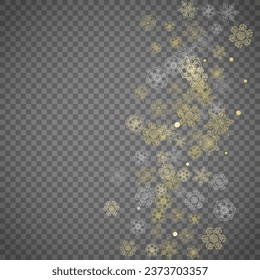 Isolated snowflakes on transparent grey background. Gold glitter snow. Winter sales, Christmas and New Year design for party invitation, banner, sale. Winter window. Magic crystal isolated snowflakes.
