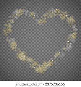 Einzige Schneeflocken auf transparentem grauem Hintergrund. Goldener Schnee glänzt. Winterverkäufe, Weihnachts- und Neujahrsdesign für Partyeinladung, Banner, Verkauf. Winterfenster. Zauberkristalline Schneeflocken einzeln.