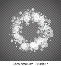 Isolated snowflakes on transparent grey background. Winter sales, Christmas and New Year design for party invitation, banner, sale. Winter snow window. Magic crystal isolated snowflakes. Silver flakes