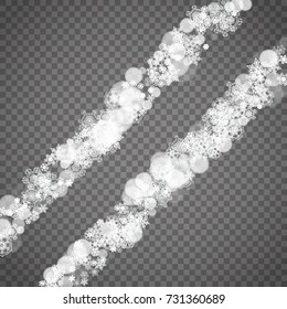 Isolated snowflakes on transparent grey background. Winter sales, Christmas and New Year design for party invitation, banner, sale. Winter snow window. Magic crystal isolated snowflakes. Silver flakes