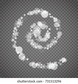 Isolated snowflakes on transparent grey background. Winter sales, Christmas and New Year design for party invitation, banner, sale. Winter snow window. Magic crystal isolated snowflakes. Silver flakes