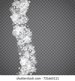 Isolated snowflakes on transparent grey background. Winter sales, Christmas and New Year design for party invitation, banner, sale. Winter snow window. Magic crystal isolated snowflakes. Silver flakes