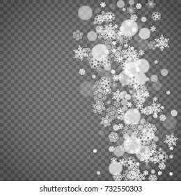 Isolated snowflakes on transparent grey background. Winter sales, Christmas and New Year design for party invitation, banner, sale. Winter snow window. Magic crystal isolated snowflakes. Silver flakes