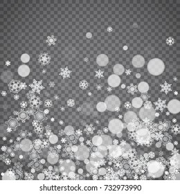 Isolated snowflakes on transparent grey background. Winter sales, Christmas and New Year design for party invitation, banner, sale. Winter snow window. Magic crystal isolated snowflakes. Silver flakes