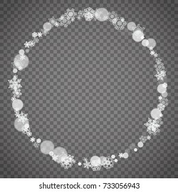 Isolated snowflakes on transparent grey background. Winter sales, Christmas and New Year design for party invitation, banner, sale. Winter snow window. Magic crystal isolated snowflakes. Silver flakes