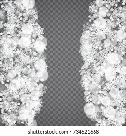 Isolated snowflakes on transparent grey background. Winter sales, Christmas and New Year design for party invitation, banner, sale. Winter snow window. Magic crystal isolated snowflakes. Silver flakes
