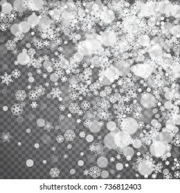 Isolated snowflakes on transparent grey background. Winter sales, Christmas and New Year design for party invitation, banner, sale. Winter snow window. Magic crystal isolated snowflakes. Silver flakes