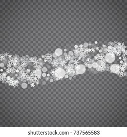 Isolated snowflakes on transparent grey background. Winter sales, Christmas and New Year design for party invitation, banner, sale. Winter snow window. Magic crystal isolated snowflakes. Silver flakes